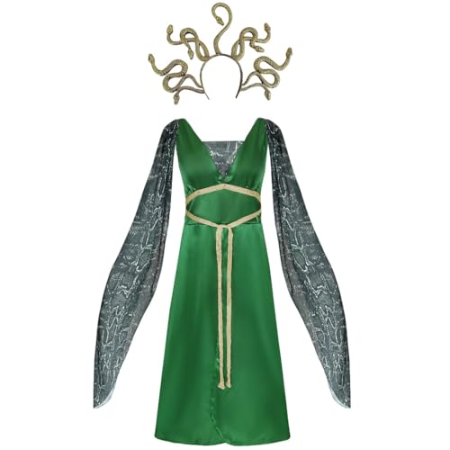 Claofoc Medusa Kostüm für Erwachsene Griechische Göttin Kostüm mit Goldenem Schlangen Kopfbedeckung Fancy Kleid Grün Medusa Outfits für Halloween Karneval Cosplay Party von Claofoc