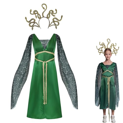 Claofoc Medusa Kostüm für Kinder, Griechische Göttin Kostüm mit Goldenem Schlangen Kopfbedeckung Fancy Kleid Mädchen Grün Medusa Outfits für Halloween Karneval Cosplay Party von Claofoc