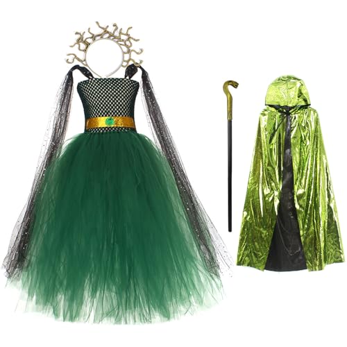 Claofoc Medusa Kostüm für Kinder 4 Stück Griechische Göttin Kostüm mit Kopfschmuck Zepter Umhang Halloween Cosplay Medusa Outfits für Party von Claofoc