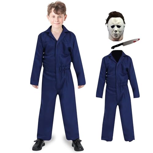 Claofoc Michael Myers Kostüm for Kinder Halloween Michael Myers Kostüm mit Michael Myers Maske Messer Outfits Gruseliger Killer Cosplay Overall (02#, L) von Claofoc