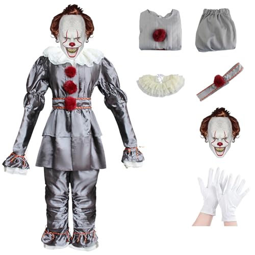 Claofoc Pennywise Kostüm für Kinder 6-teilig Halloween Gruselige IT Clown Kostüme mit Clown Maske Gruselige Killer Clown Cosplay Outfits (L) von Claofoc