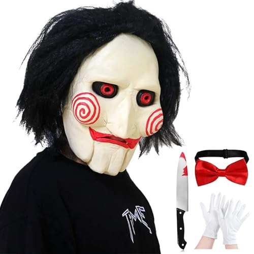 Claofoc Saw Maske Horror Killer Billy Puppen Maske Gruselige Vollkopf Clown Maske mit Handschuhen Messer Rote Schleife Halloween Cosplay Kostüm Gruselige Requisiten Unisex von Claofoc