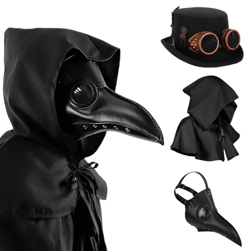 Claofoc Schnabelmaske mit Hut Halloween Plague Doctor Costume Pestmaske Horror Lange Nase Scream Maske Steampunk Cosplay Maske für Erwachsene (4-teiliges Set) von Claofoc