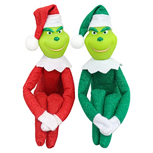 Claofoc Grinch Kuscheltier Christmas Elf Plüschtier Grinch Figur Weihnachtself Puppe Zweiteiliges Set Grinch Plüschtier auf dem Tisch Schreibtisch Regal von Claofoc