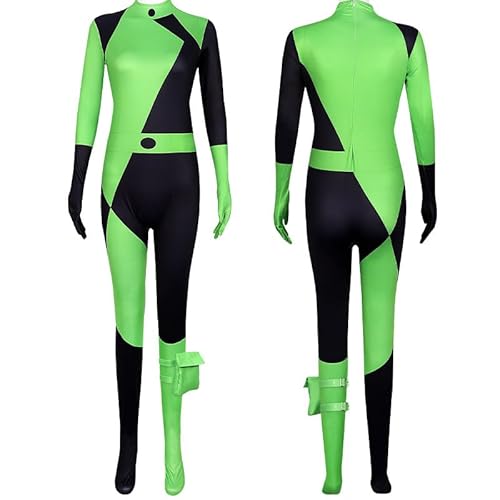 Claofoc Shego Kostüm Damen Superschurke Cosplay Bodysuit Jumpsuit mit Handschuhen Beinbeutel Grüner Uniformanzug Outfit für Halloween Party Karneval (2XL) von Claofoc