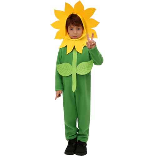 Claofoc Sonnenblume Kostüm für Kinder Grüner Pyjama Kapuzenoverall und Sonnenblumen Kopfbedeckung Halloween Valentinstag Kostüm für Jungen und Mädchen (L) von Claofoc