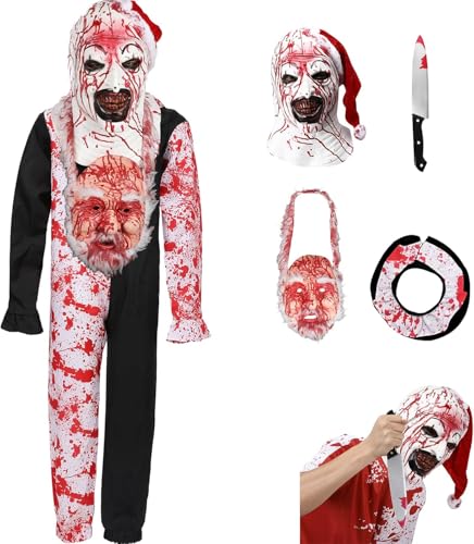 Claofoc Terrifier Kostüm Art the Clown Cosplay Erwachsene Outfits der Killer Clown Jumpsuit Bodysuit mit Maske für Halloween Karneval (Blutig, 2XL) von Claofoc