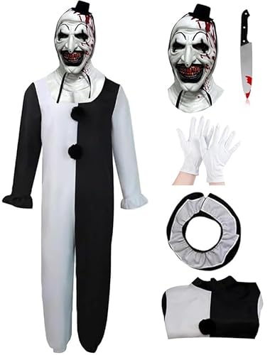 Claofoc Terrifier Kostüm Art the Clown Cosplay Kinder Outfits der Killer Clown Jumpsuit Bodysuit mit Maske Handschuhe Messer Kopfbedeckung für Halloween Karneval (110) von Claofoc