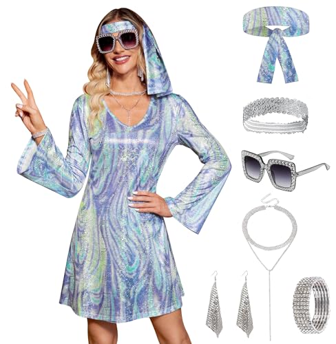 Clarisbelle Damen Halloween 7-teiliges Disco-Kleid Pailletten 70er Jahre Tanzkostüm Outfit mit Sonnenbrille Stirnband, Blau A7, XXL Clarisbelle Damen Halloween 7-teiliges Disco-Kleid Pailletten 70er Jahre Tanzkostüm Outfit mit Sonnenbrille Stirnband, Blau A7, XXL von Clarisbelle