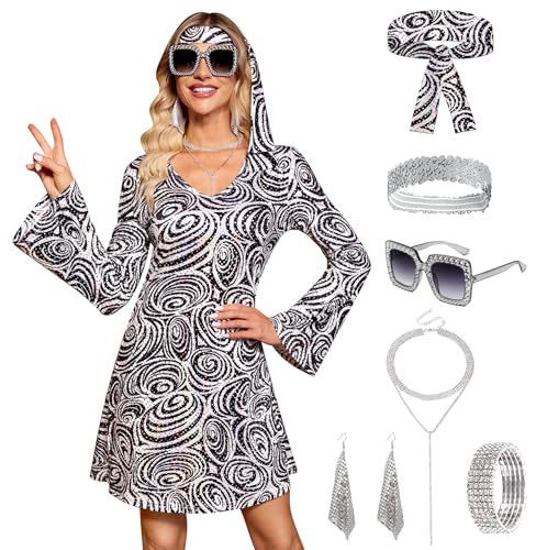 Clarisbelle Damen Halloween 7-teiliges Disco-Kleid Pailletten 70er Jahre Tanzkostüm Outfit mit Sonnenbrille Stirnband, Schwarz B2, XL Clarisbelle Damen Halloween 7-teiliges Disco-Kleid Pailletten 70er Jahre Tanzkostüm Outfit mit Sonnenbrille Stirnband, Schwarz B2, XL von Clarisbelle