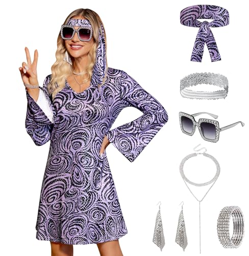 Clarisbelle Damen Halloween 7-teiliges Disco-Kleid Pailletten 70er Jahre Tanzkostüm Outfit mit Sonnenbrille Stirnband, Violett, M Clarisbelle Damen Halloween 7-teiliges Disco-Kleid Pailletten 70er Jahre Tanzkostüm Outfit mit Sonnenbrille Stirnband, Violett, M von Clarisbelle