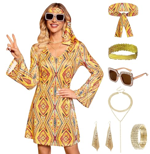 Clarisbelle Damen Halloween 7-teiliges Disco-Kleid Pailletten 70er Jahre Tanzkostüm Outfit mit Sonnenbrille Stirnband, gelb, XS Clarisbelle Damen Halloween 7-teiliges Disco-Kleid Pailletten 70er Jahre Tanzkostüm Outfit mit Sonnenbrille Stirnband, gelb, XS von Clarisbelle