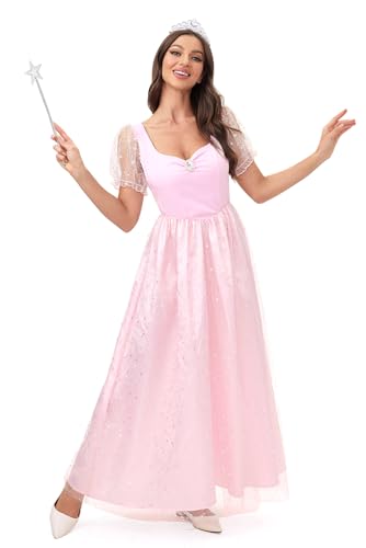 Clarisbelle Damen Halloween Puffärmel Herzausschnitt Kostüm Rosa Prinzessin Kleid mit Stern Zauberstab und Diadem, Pink, S von Clarisbelle