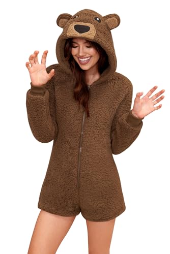 Clarisbelle Halloween Damen-Pyjama mit Kapuze, Plüsch-Fleece, Sherpa-Flanell, Einteiler, Kostüm, Braunbär, Größe S Clarisbelle Halloween Damen-Pyjama mit Kapuze, Plüsch-Fleece, Sherpa-Flanell, Einteiler, Kostüm, Braunbär, Größe S von Clarisbelle