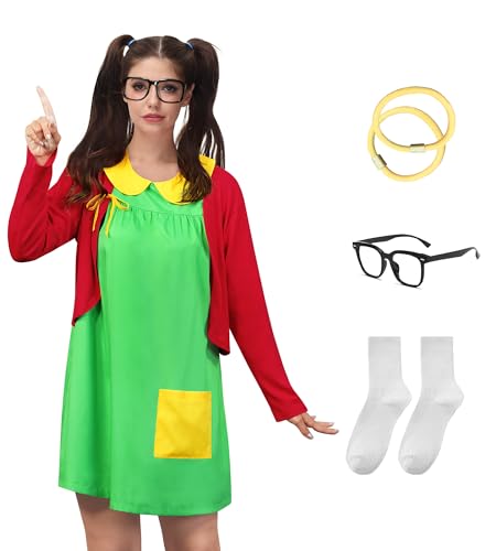 Clarisbelle Halloween-Kostüm für Damen, Peter-Pan-Kragen, Cosplay-Kostüm, grünes Kleid mit roter Strickjacke, 6 Stück, Grünes Set, Large Clarisbelle Halloween-Kostüm für Damen, Peter-Pan-Kragen, Cosplay-Kostüm, grünes Kleid mit roter Strickjacke, 6 Stück, Grünes Set, Large von Clarisbelle