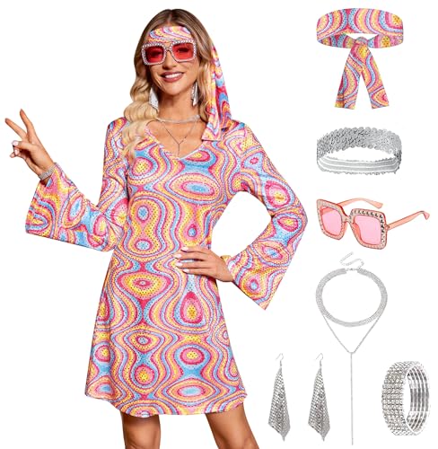 Damen-Halloween-Outfit mit ausgestellten Ärmeln, 1970er-Jahre, 70er-Jahre, Party, glitzernd, groovig, rosa Graffiti, Größe L Damen-Halloween-Outfit mit ausgestellten Ärmeln, 1970er-Jahre, 70er-Jahre, Party, glitzernd, groovig, rosa Graffiti, Größe L von Clarisbelle