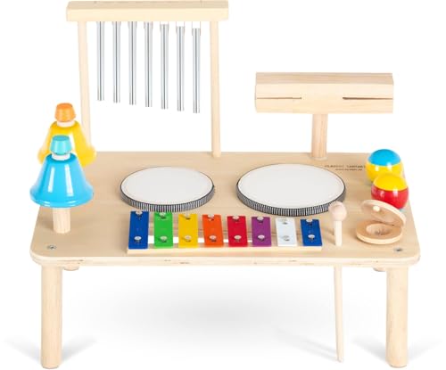 Classic Cantabile 12 in 1 Percussion Schlagzeug Musiktisch Set für Kinder und Babys ab 1 Jahr - Montessori Kinderspielzeug - Musikinstrumente aus Holz - Für Kleinkinder mit Glockenspiel und Trommeln von Classic Cantabile