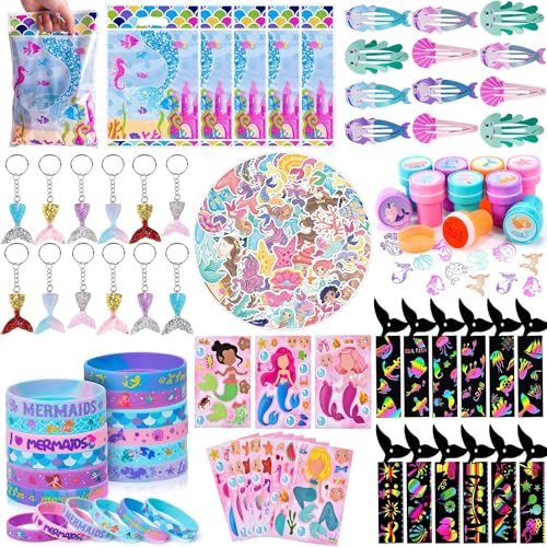 134Pcs Meerjungfrau Party Mitgebsel Kindergeburtstage Mädchen Meerjungfrau Lesezeichen DIY Aufkleber Schlüsselanhänger Haarklammer Stempel Silikonarmband Partytüten Meerjungfrau Geburtstag Mitgebsel von Cleboen