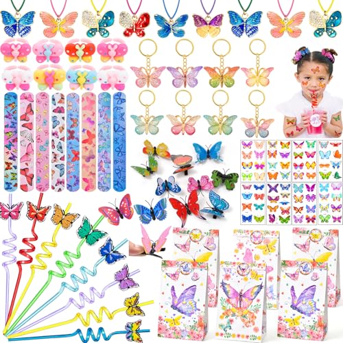 Cleboen Schmetterling Party Mitgebsel Kindergeburtstag Mädchen Strohhalme Kinder Halskette Haarspangen Ring Schlüsselanhänger Geschenktüten Schnapparmband Tattoo Schmetterling Give Aways Gastgeschenk von Cleboen