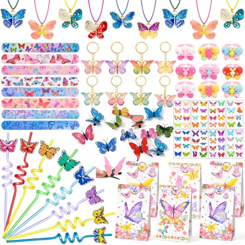 Cleboen Schmetterling Party Mitgebsel Kindergeburtstag Mädchen Strohhalme Kinder Halskette Haarspangen Ring Schlüsselanhänger Geschenktüten Schnapparmband Tattoo Schmetterling Give Aways Gastgeschenk von Cleboen