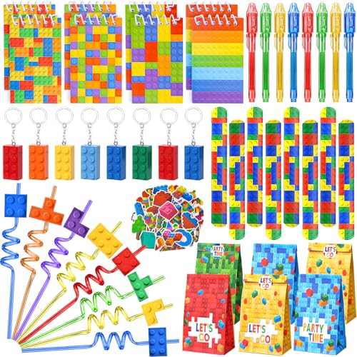 Kindergeburtstag Mitgebsel Jungen Bausteine Party UV Stift &Mini Notizbuch Strohhalme Kinder Bauklötze Schnapparmband Schlüsselanhänger Aufkleber Building Bricks Give Aways Regenbogen Party Geschenk von Cleboen