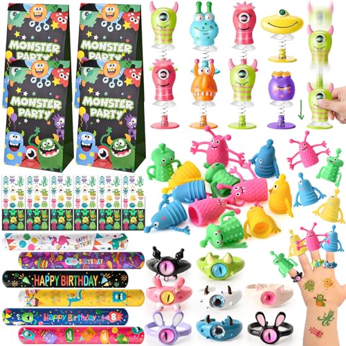 Mitgebsel Kindergeburtstag Monster Party Zubehör mit Fingerpuppen Springende Monster Leuchtende Tattoo Schnapparmbänder Geschenktüten Monster Kleine Geschenke für Kinder Give Aways Kindergeburtstag von Cleboen