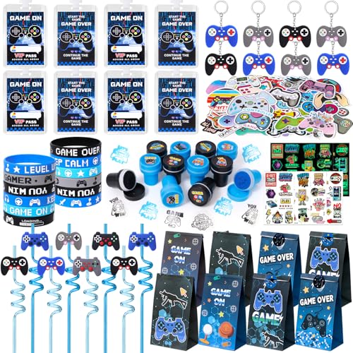 Videospiel Party Mitgebsel Kindergeburtstag Gastgeschenke mit Strohhalme Kinder Silikonarmband Geschenktüten Stempel Video Gamer Controller Schlüsselanhänger VIP Pass Aufkleber Give Aways für Kinder von Cleboen