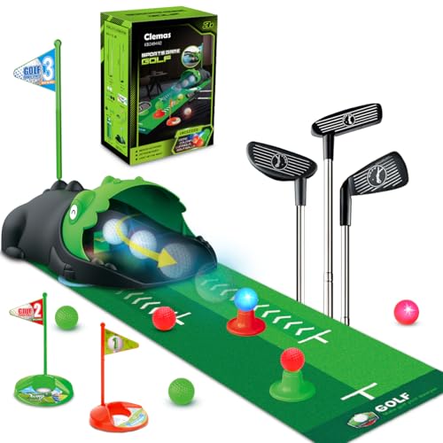 Clemas Minigolf Set Spielzeug für Kinder, 15PCS Indoor Outdoor Golfkoffer Spiel Set mit 3 bunten Golfschläger, 6 Bälle, Putting Matte Spielzeug für Jungen von Clemas