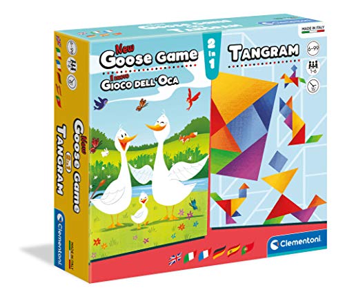 Clementoni 16301 Familienspiele – 2 in 1 Das Gänsespiel + Tangram, beliebte Kinderspiele, Brettspiel und Legespiel, kleine Spielesammlung für Kinder ab 6 Jahren von Clementoni