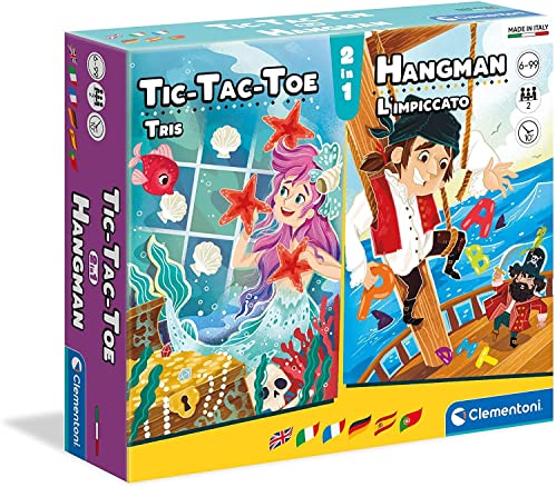 Clementoni 16304 Familienspiele – 2 in 1 Tic-Tac-Toe + Galgenmännchen, beliebte Kinderspiele, Brettspiele, kleine Spielesammlung für Kinder ab 6 Jahren von Clementoni