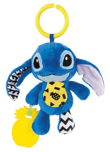 Clementoni Disney Plüsch-Stitch für unterwegs - Weiches Hänge-Spielzeug mit multisensorischen Elementen, Rassel und verschiedenen Stoffen, Waschbar, Fördert sensorische Entwicklung, Ab 3 Monaten von Clementoni