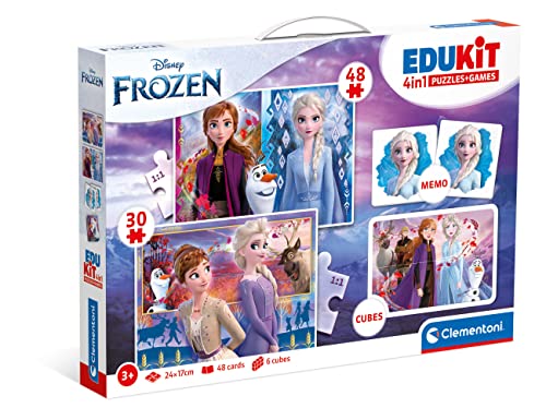 Clementoni Disney Frozen 2-4in1 Set (Memo, Puzzle 30 und 48 Stücke, 6 Würfel) - pädagogische Spiele für Kinder - Memory und Logik-Spiel 18292 von Clementoni