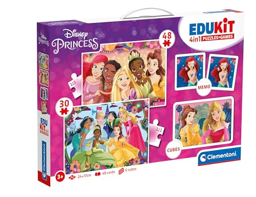 Clementoni Edukit 4 in 1 Disney-Prinzessinnen (Memory, Puzzle 30 und 48 Stücke, 6 Würfel) - pädagogische Spiele für Kinder - Memory und Logik-Spiel 18297 von Clementoni