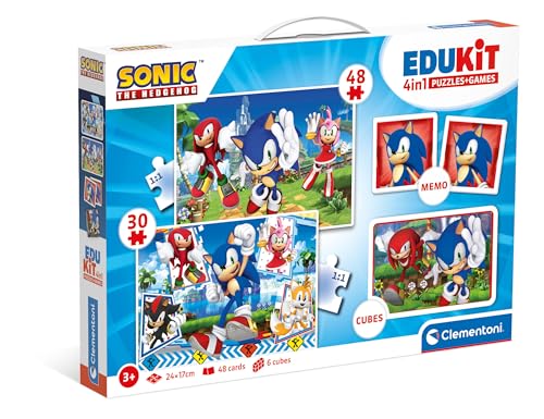 Clementoni Edukit 4 in 1 Sonic Spielset (Memo, Puzzle 30 und 48 Stücke, 6 Würfel) - pädagogische Spiele für Kinder - Memory und Logik-Spiel 18318 von Clementoni