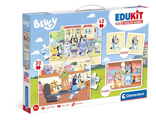 Clementoni Edukit 4 in 1 Bluey (Memo, Puzzle 30 und 48 Stücke, 6 Würfel) - pädagogische Spiele für Kinder - Memory und Logik-Spiel 18320 von Clementoni