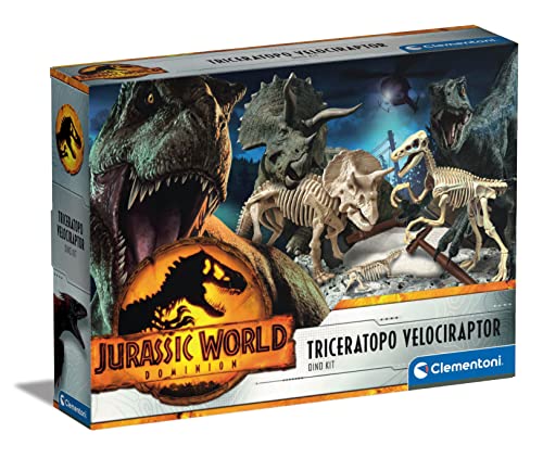 Clementoni Jurassic World 3 - Ausgrabungs-Set Triceratops & Velociraptor - Spannendes Spielzeug zum Entdecken, Ausgraben von Dinosaurier-Fossilien für kleine Forscher ab 6 Jahren 19289 von Clementoni