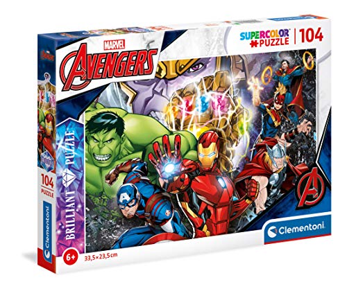 Clementoni 20181 Brilliant Puzzle Marvel – Puzzle 104 Teile ab 6 Jahren, farbenfrohes Kinderpuzzle mit Schimmer-Effekt, Geschicklichkeitsspiel für Kinder von Clementoni