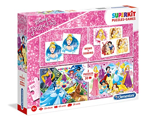 Clementoni 20208 Superkit Princess – Puzzle- und Spieleset ab 4 Jahren, Memo- und Dominospiel sowie 2 Kinderpuzzle mit 30 Teilen, Verschiedene Denkspiele für Kinder von Clementoni