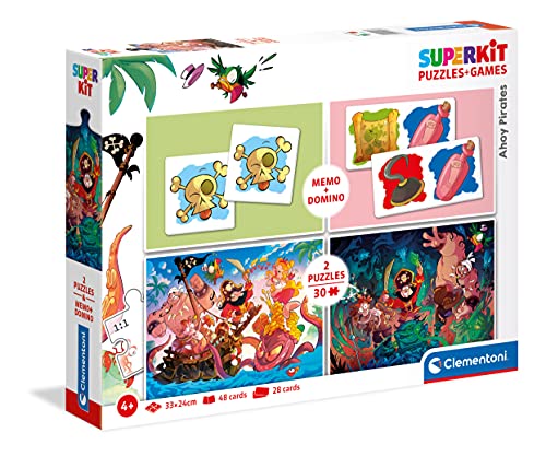 Clementoni 20266 Superkit AHOI Piraten – Puzzle- und Spieleset ab 4 Jahren, Memo- und Dominospiel sowie 2 Kinderpuzzle mit 30 Teilen, Verschiedene Denkspiele für Kinder von Clementoni