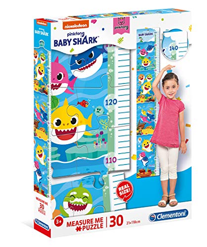 Clementoni 20340 Measure Me Baby Shark – Puzzle 30 Teile ab 3 Jahren, großes Kinderpuzzle zum Zusammenkleben (inkl. Kleber & Spatel), als Messlatte zum Aufhängen, Denkspiel für Kinder von Clementoni