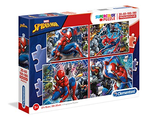 Clementoni 21410 Progressive Puzzle Spiderman – Puzzle 20 + 60 + 100 + 180 Teile ab 3 Jahren, Bunte Kinderpuzzle mit zunehmendem Schwierigkeitsgrad, Denkspiel für Kinder von Clementoni