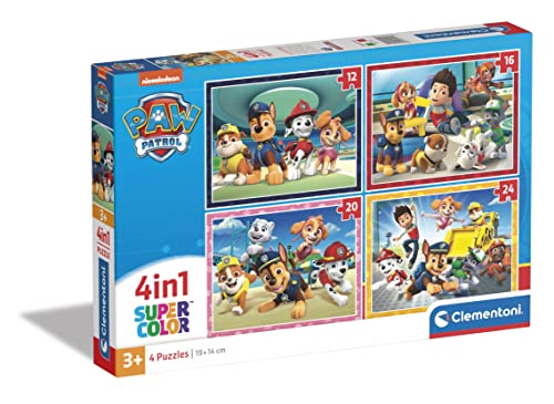 Clementoni - 21513 - Supercolor Puzzle 4 In 1 - Paw Patrol - Puzzle 12,16,20,24 Teile Ab 3 Jahren, Buntes Kinderpuzzle Mit Besonderer Leuchtkraft & Farbintensität, Geschicklichkeitsspiel Für Kinder von Clementoni