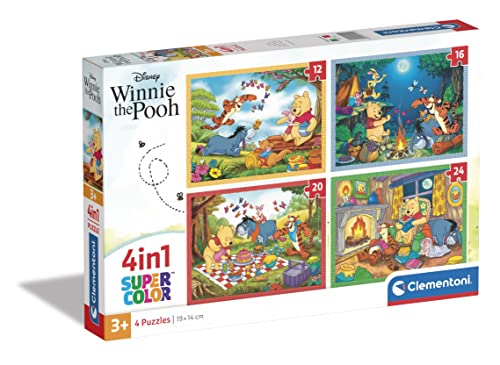 Clementoni - 21514 - Supercolor Puzzle 4 In 1 - Disney Winnie The Pooh - Puzzle 12,16,20,24 Teile Ab 3 Jahren, Buntes Kinderpuzzle Mit Besonderer Leuchtkraft, Geschicklichkeitsspiel Für Kinder von Clementoni