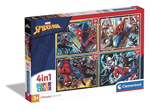 Clementoni - 21515 - Supercolor Puzzle 4 In 1 - Marvel Spiderman - Puzzle 12,16,20,24 Teile Ab 3 Jahren, Buntes Kinderpuzzle Mit Besonderer Leuchtkraft, Geschicklichkeitsspiel Für Kinder von Clementoni