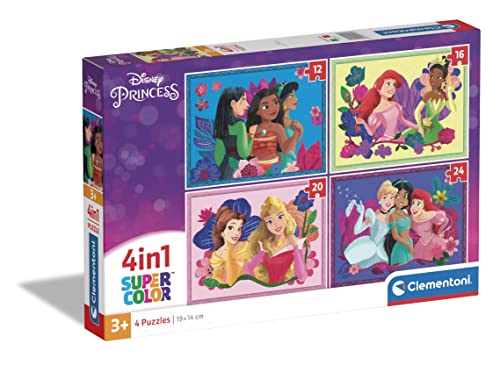 Clementoni - 21517 - Supercolor Puzzle 4 In 1 - Disney Princess - Puzzle 12,16,20,24 Teile Ab 3 Jahren, Buntes Kinderpuzzle Mit Besonderer Leuchtkraft, Geschicklichkeitsspiel Für Kinder von Clementoni