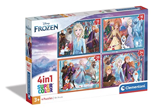 Clementoni - 21518 - Supercolor Puzzle 4 In 1 - Disney Frozen - Puzzle 12,16,20,24 Teile Ab 3 Jahren, Buntes Kinderpuzzle Mit Besonderer Leuchtkraft & Farbintensität, Geschicklichkeitsspiel Für Kinder von Clementoni