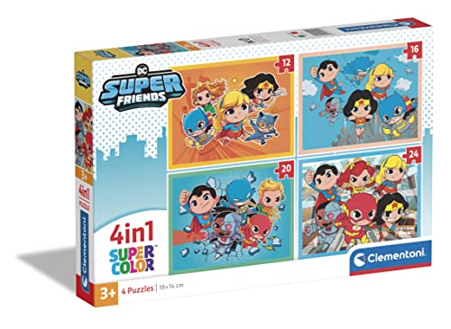 Clementoni - 21520 - Supercolor Puzzle 4 In 1 - Dc Superfriends - Puzzle 12,16,20,24 Teile Ab 3 Jahren, Buntes Kinderpuzzle Mit Besonderer Leuchtkraft, Geschicklichkeitsspiel Für Kinder von Clementoni