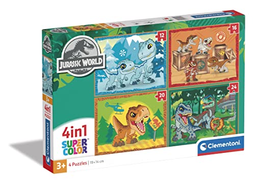 Clementoni - 21521 - Supercolor Puzzle 4 In 1 - Jurassic World - Puzzle 12,16,20,24 Teile Ab 3 Jahren, Buntes Kinderpuzzle Mit Besonderer Leuchtkraft, Geschicklichkeitsspiel Für Kinder von Clementoni