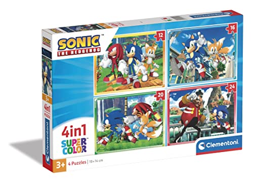 Clementoni - 21522 - Supercolor Puzzle 4 In 1 - Sonic - Puzzle 12,16,20,24 Teile Ab 3 Jahren, Buntes Kinderpuzzle Mit Besonderer Leuchtkraft & Farbintensität, Geschicklichkeitsspiel Für Kinder von Clementoni