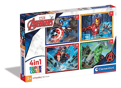 Clementoni 21525 Supercolor 4 in 1-The Avengers-Puzzle 12,16,20,24 Teile Ab 3 Jahren, Buntes Kinderpuzzle Mit Besonderer Leuchtkraft & Farbintensität, Geschicklichkeitsspiel Für Kinder von Clementoni